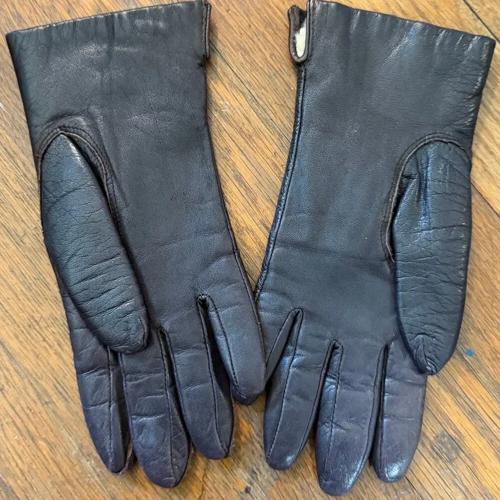 Vintage Fownes Genuine Leather Rabbit Fur Lined Gloves Brown Women’s Size 6½